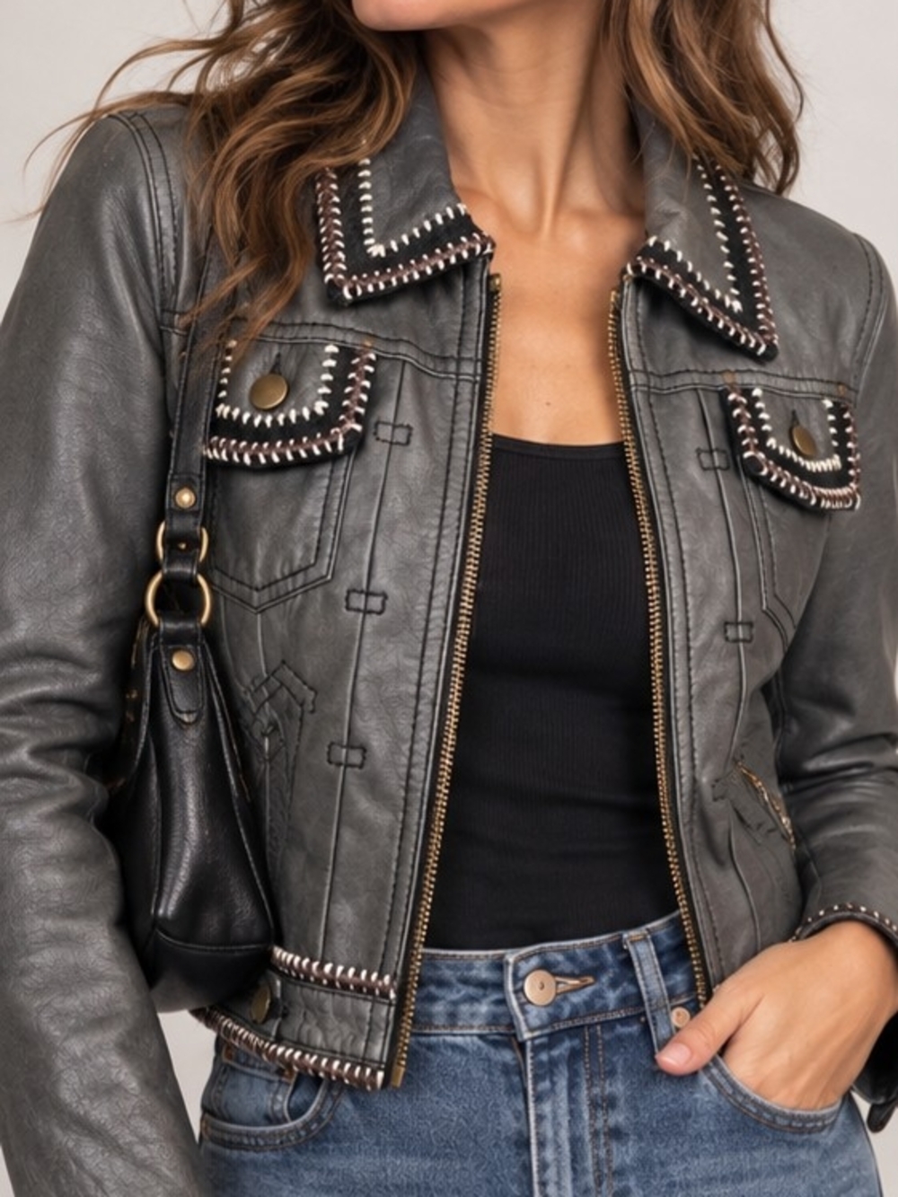 Danier Vintage Grey Leather Jacket XS Whipstitch Western Y2K Cropped